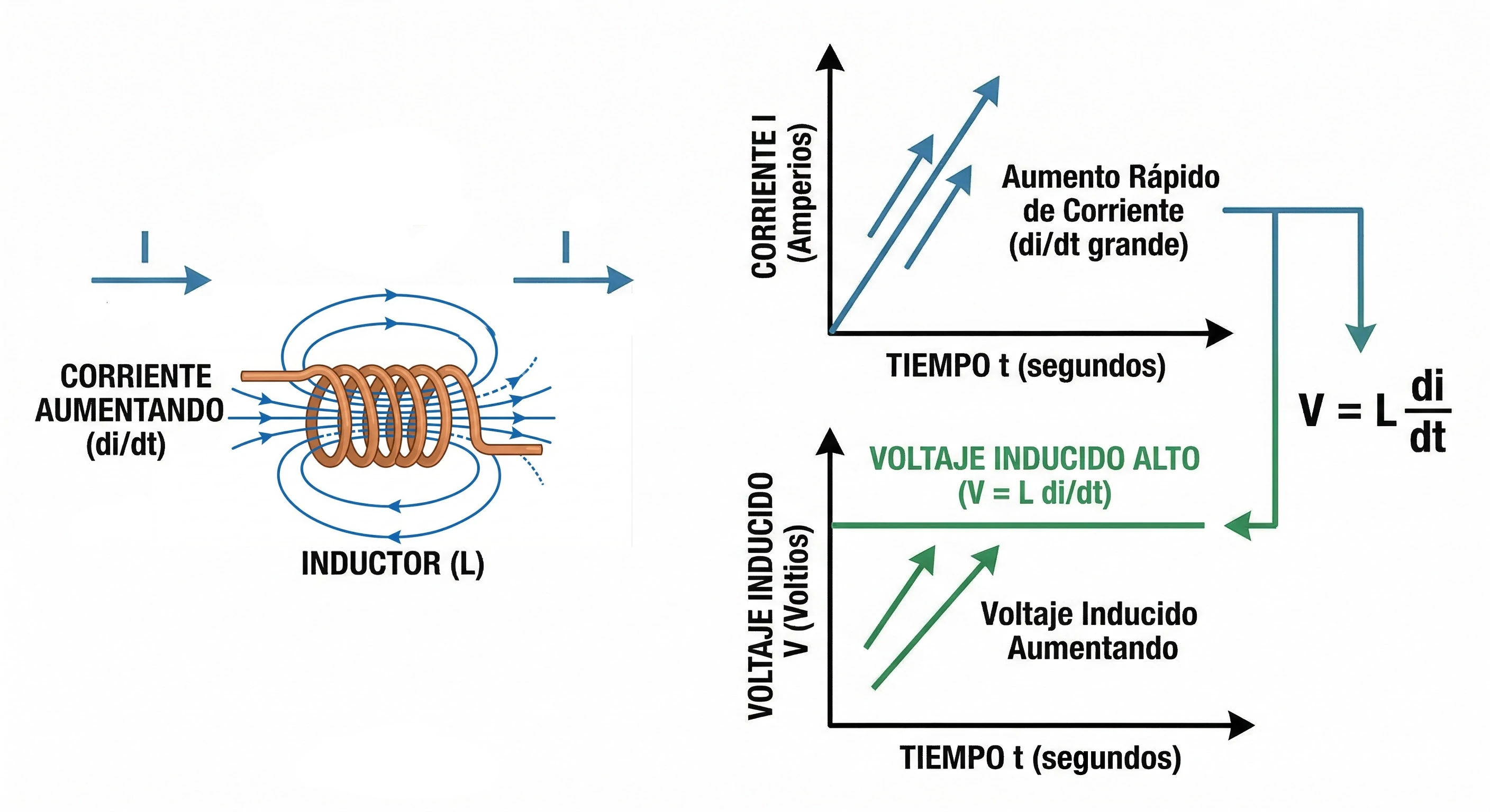 Relación entre cambio de corriente y voltaje inducido en una bobina según la fórmula V igual a L por di sobre dt